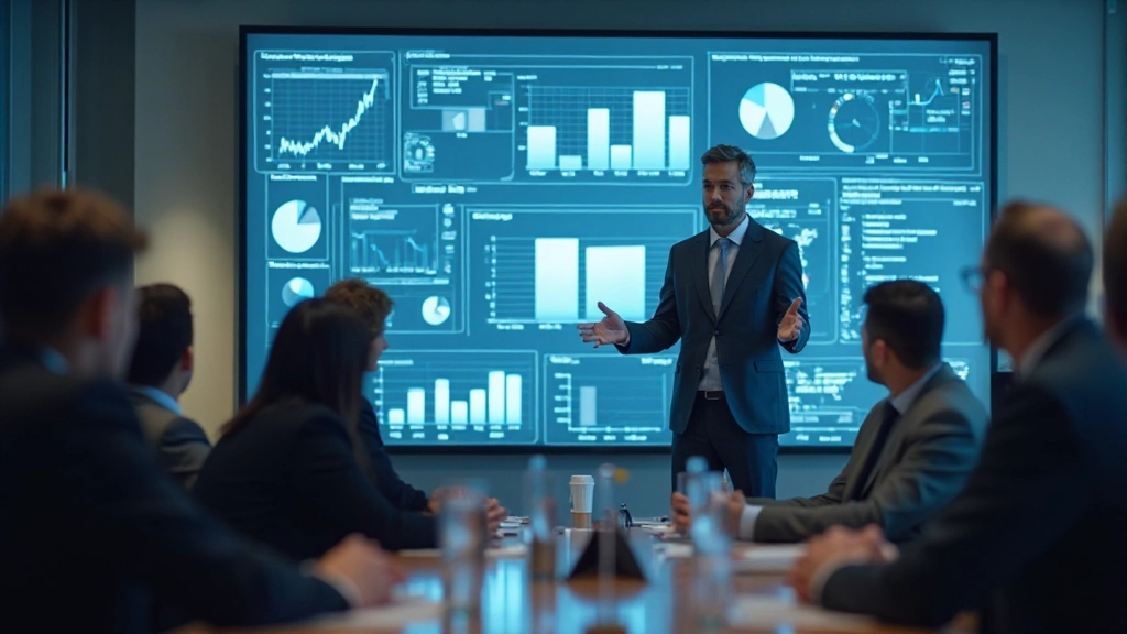 Statisticus presenteert bevindingen op groot scherm met interactieve datavisualisaties in vergaderruimte