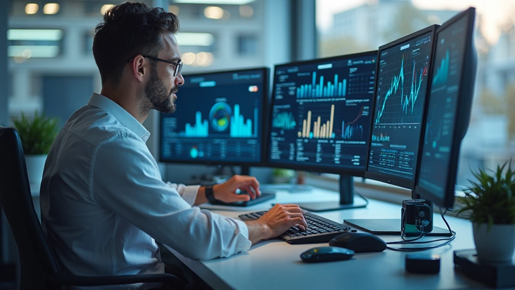 Professionele bedrijfsanaliticus werkt aan analytische dashboard met datavisualisaties op computermonitor in modern kantoor