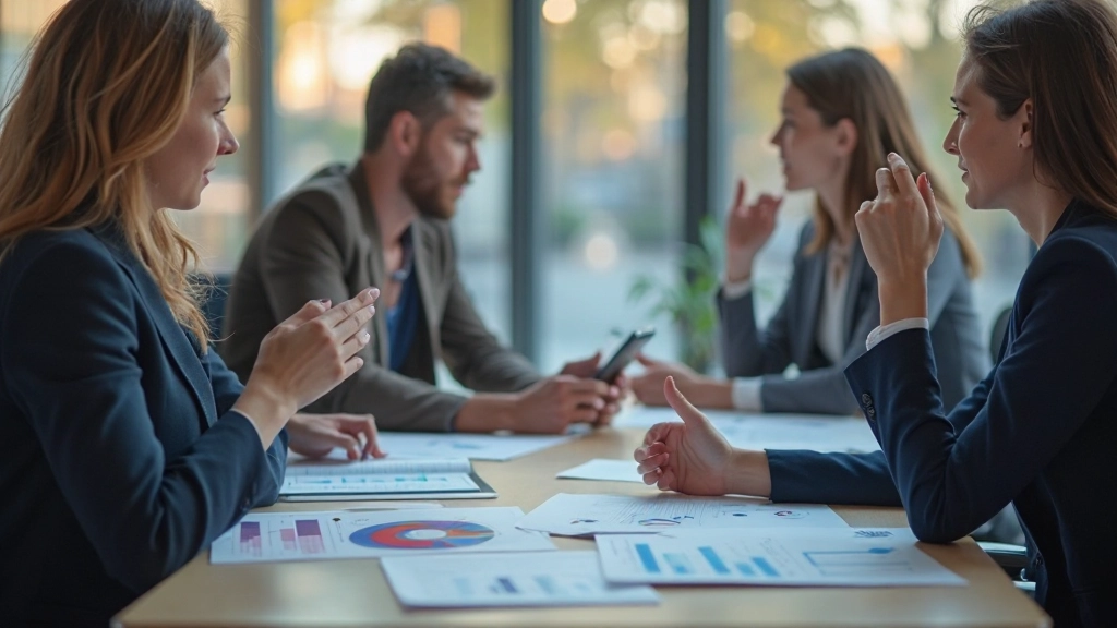 Teamvergadering waar drie professionals discussiëren over bedrijfsrapporten met grafieken en statistieken in conferentieruimte