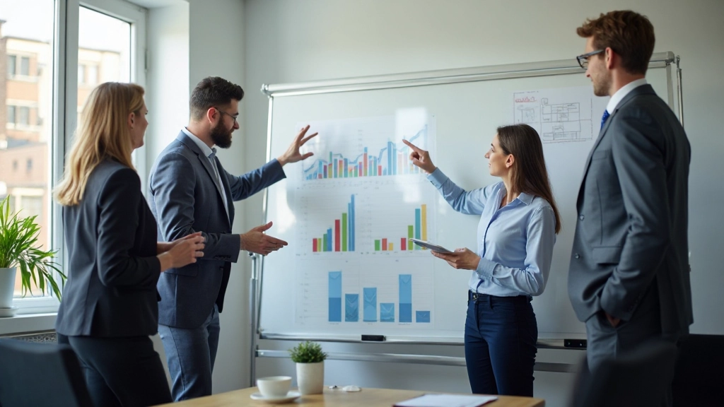Team bedrijfsanalisten presenteert bedrijfsinzichten aan management in vergaderzaal met grafieken op whiteboard