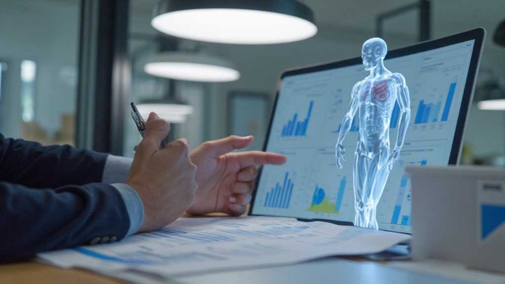 Professioneel statisticus analyseert marktgegevens op grote computermonitor met interactieve dashboards in modern analytics kantoor