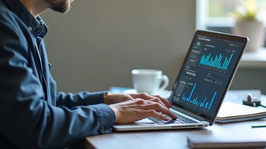 Data scientist werkt met analytische tools en statistieken op laptop en notitieblok