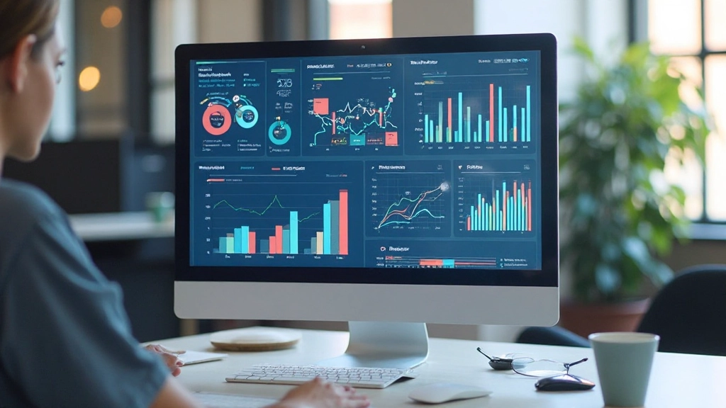 Computerscherm met analytics dashboard en gegevensgrafieken