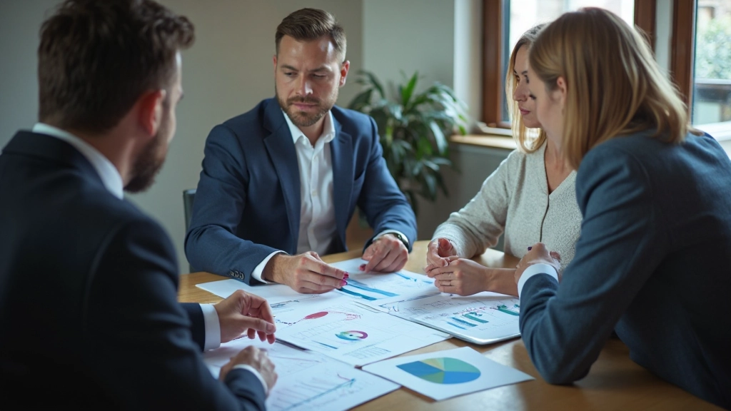 Teamvergadering waar drie professionals discussiëren over bedrijfsrapporten met grafieken en statistieken