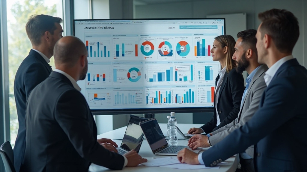 Professioneel team in vergaderruimte met analytics dashboard op groot scherm, data-gedreven strategie sessie