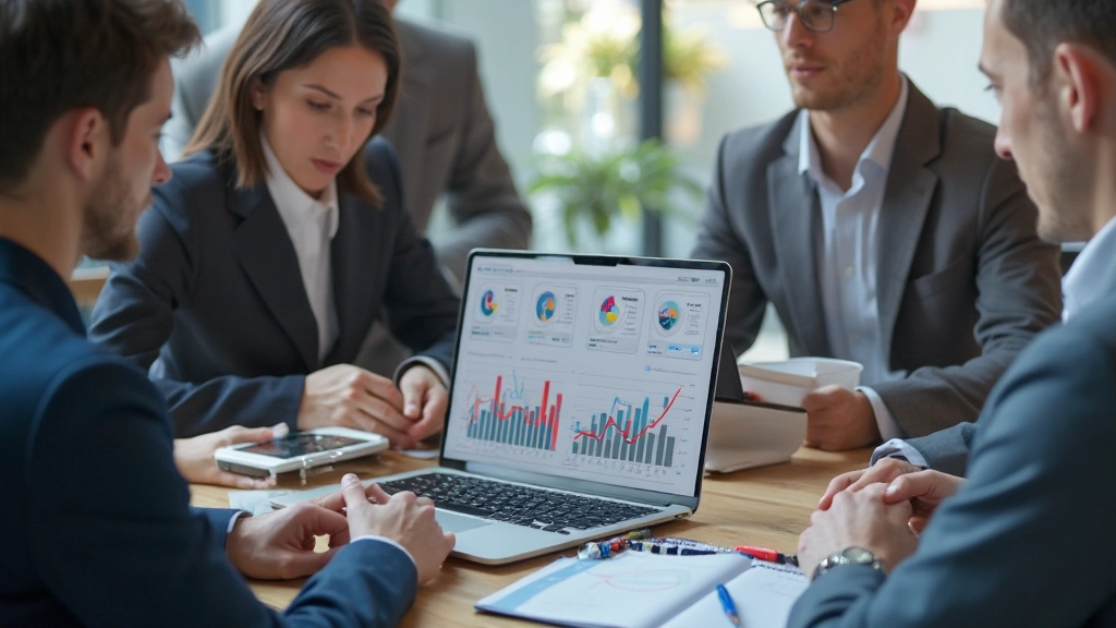 Diverse team professionals die samenwerken met analytics tools en laptops in modern kantooromgeving