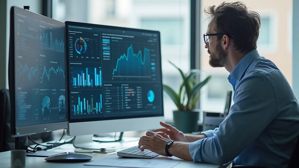 Onderzoeker analyseert markttrends op digitaal dashboard met real-time grafieken en statistieken