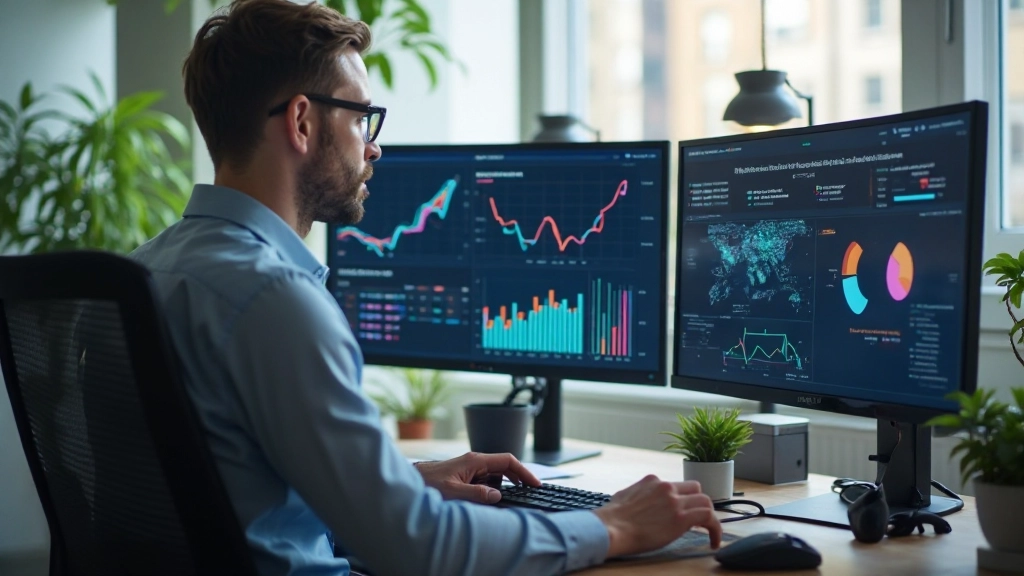 Moderne computersetup met meerdere monitors waarop BI-dashboards en data visualisaties worden weergegeven in kantooromgeving