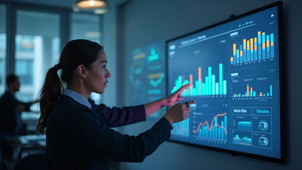 Professionele persoon die complexe data visualiseert op groot display scherm met grafieken en diagrammen