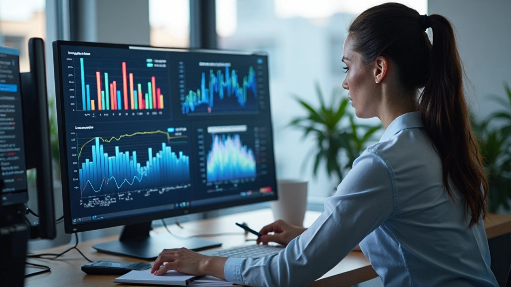 Professionele bedrijfsanaliticus die datavisualisaties op computermonitor bekijkt met grafieken en statistieken in moderne werkruimte